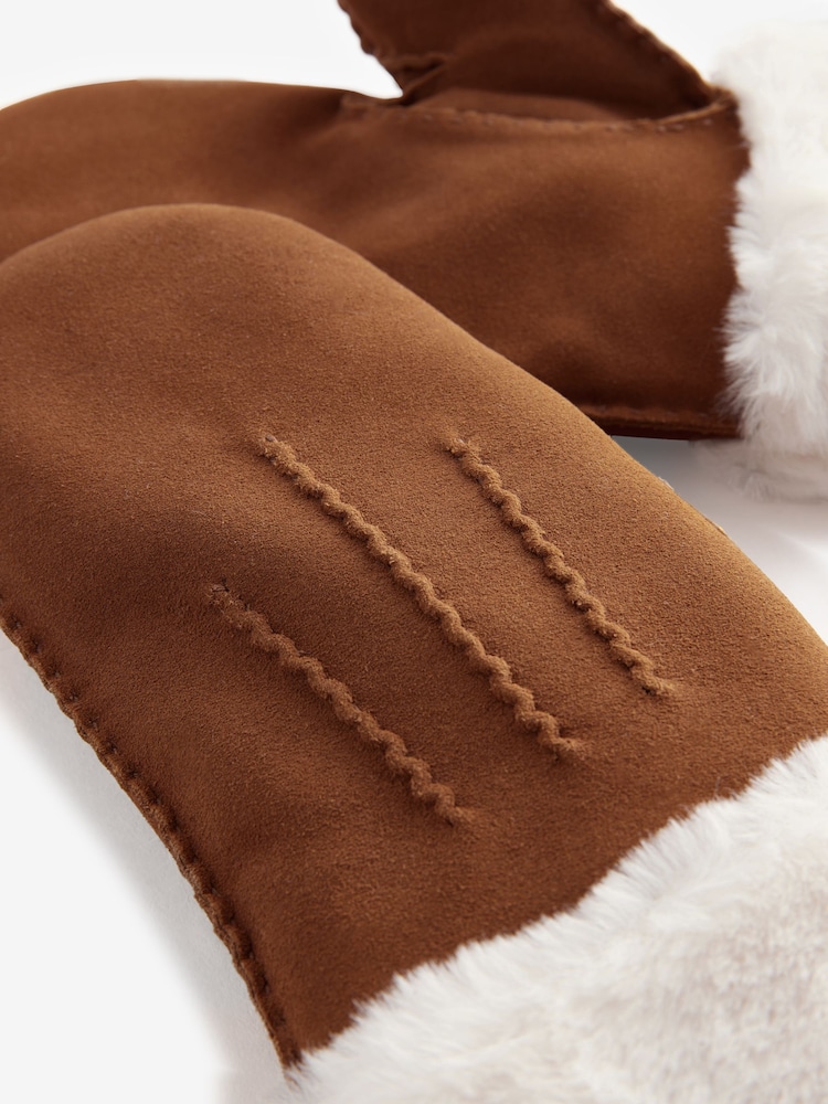 Tan Brown Leather Suede Mittens - Image 7 of 7