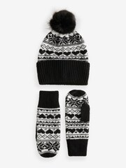 Black/White Knitted Pom Mittens Set - Image 1 of 3