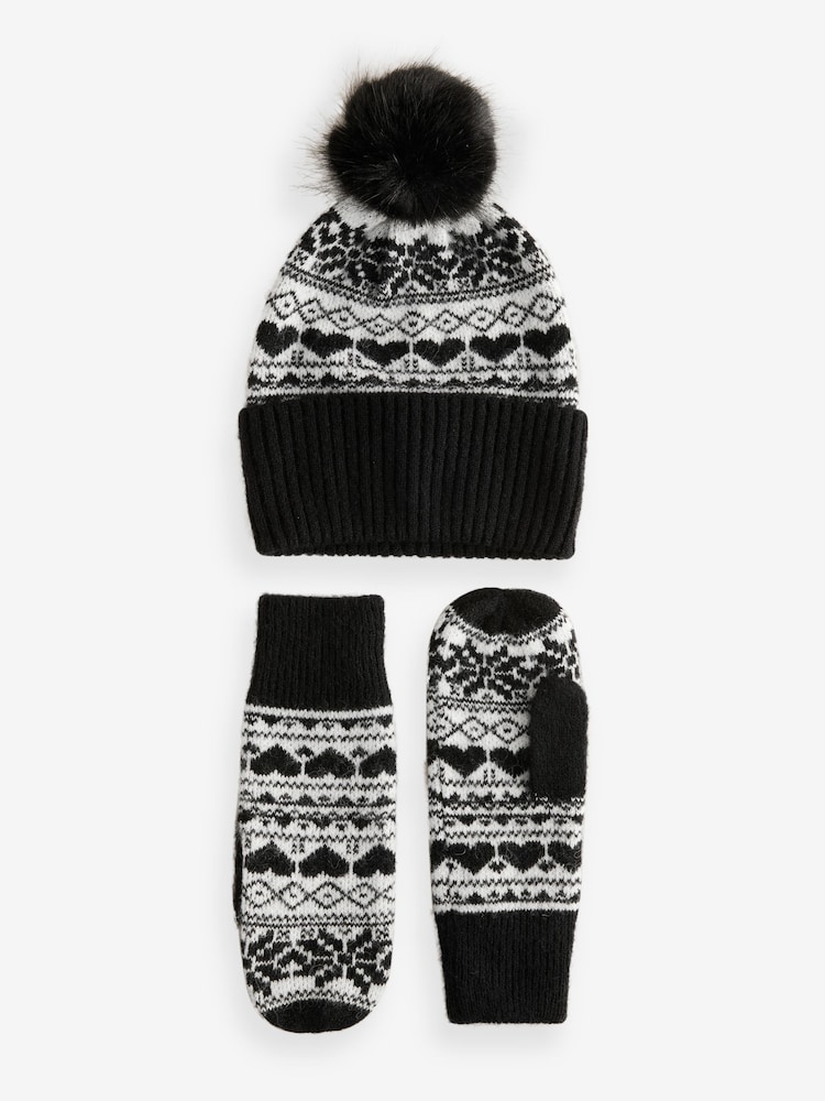 Black/White Knitted Pom Mittens Set - Image 1 of 3