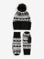 Black/White Knitted Pom Mittens Set - Image 4 of 4
