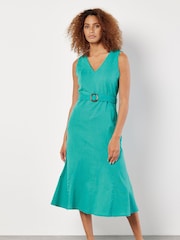 Apricot Blue V-Neck Linen Flounce Dress - Image 4 of 4