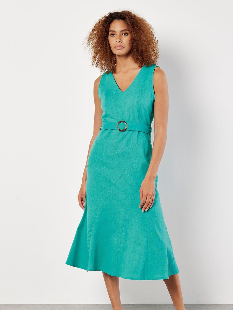 Apricot Blue V-Neck Linen Flounce Dress - Image 4 of 4