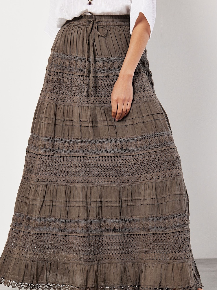 Apricot Green Crochet Detail Bohemian Maxi Skirt - Image 1 of 4