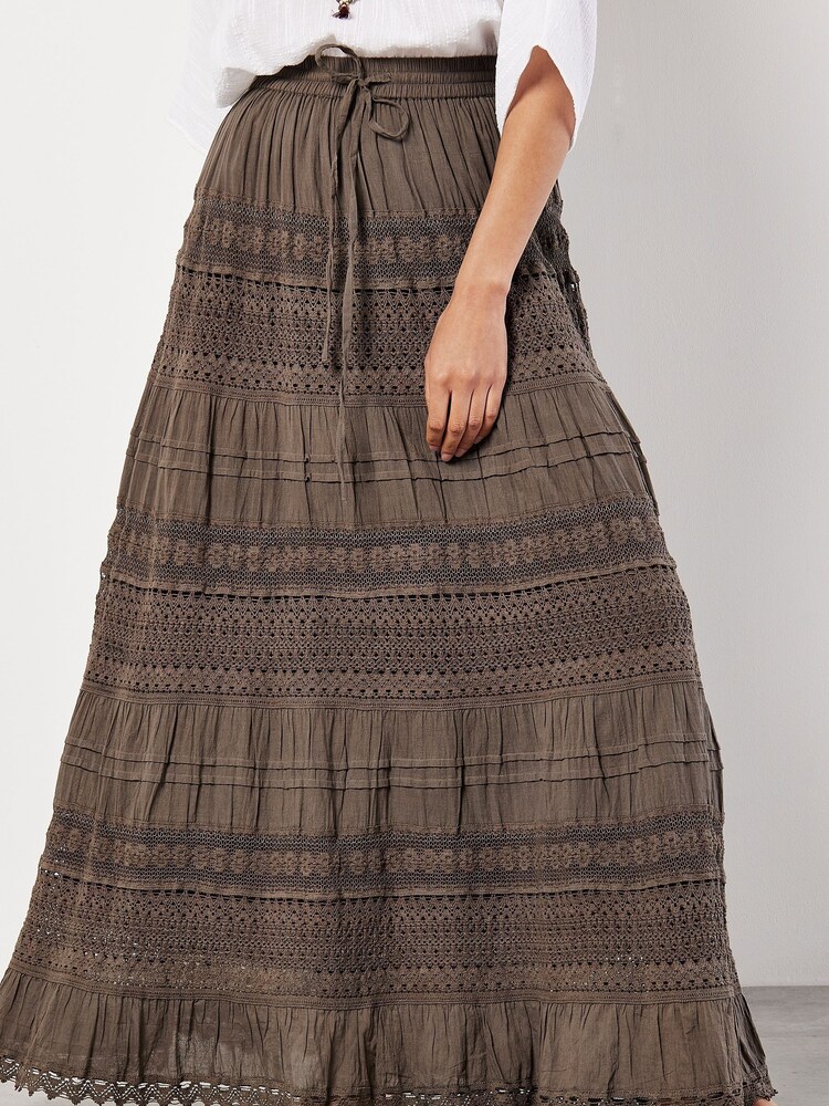 Apricot Green Crochet Detail Bohemian Maxi Skirt - Image 1 of 4 Apricot Green Crochet Detail Bohemian Maxi Skirt - Image 1 of 4