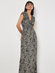 Apricot Rustieke Bladeren Gesmokte Maxi-jurk met V-hals - Afbeelding 1 van 4