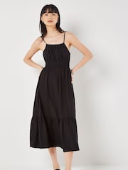 Apricot Black Halterneck Ramie Smock Midi Dress - Image 1 of 5