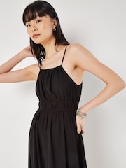Apricot Black Halterneck Ramie Smock Midi Dress - Image 3 of 5