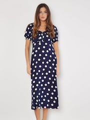 Apricot Blue Big Spot Bow Detail Midi Dress - Image 1 of 4