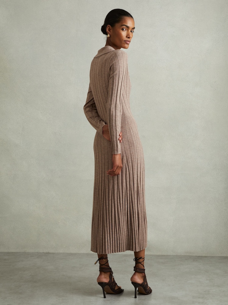 Reiss Neutral Winnie Petite Knitted Open-Collar Midi Dress - Image 1 of 7
