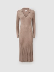 Reiss Neutral Winnie Petite Knitted Open-Collar Midi Dress - Image 2 of 7