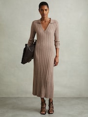 Reiss Neutral Winnie Petite Knitted Open-Collar Midi Dress - Image 3 of 7