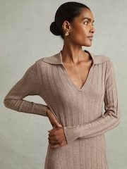 Reiss Neutral Winnie Petite Knitted Open-Collar Midi Dress - Image 4 of 7