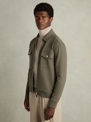 Reiss Sage Green Medina Interlock Jersey Zip-Through Overshirt - Image 1 of 6