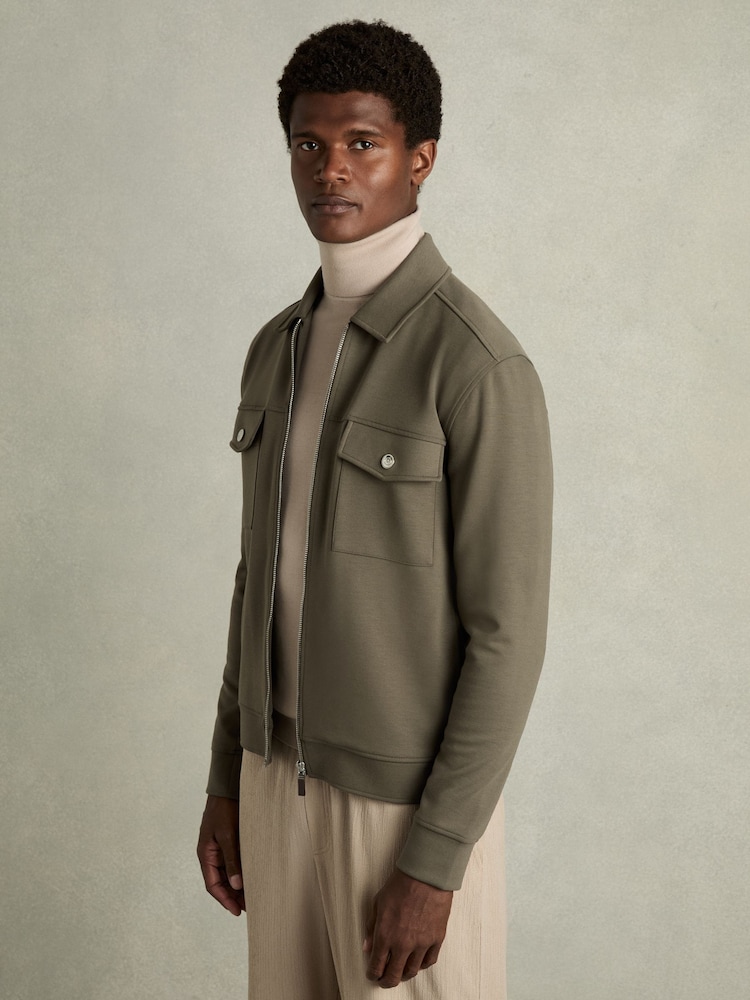 Reiss Sage Green Medina Interlock Jersey Zip-Through Overshirt - Image 1 of 6