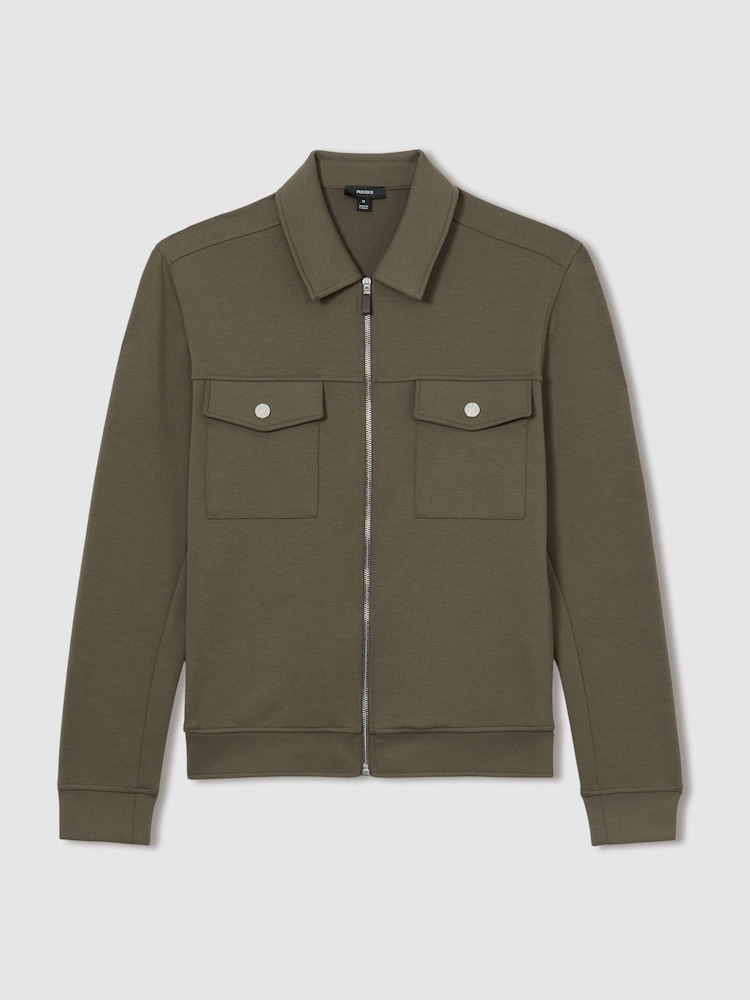 Reiss Sage Green Medina Interlock Jersey Zip-Through Overshirt - Image 2 of 6