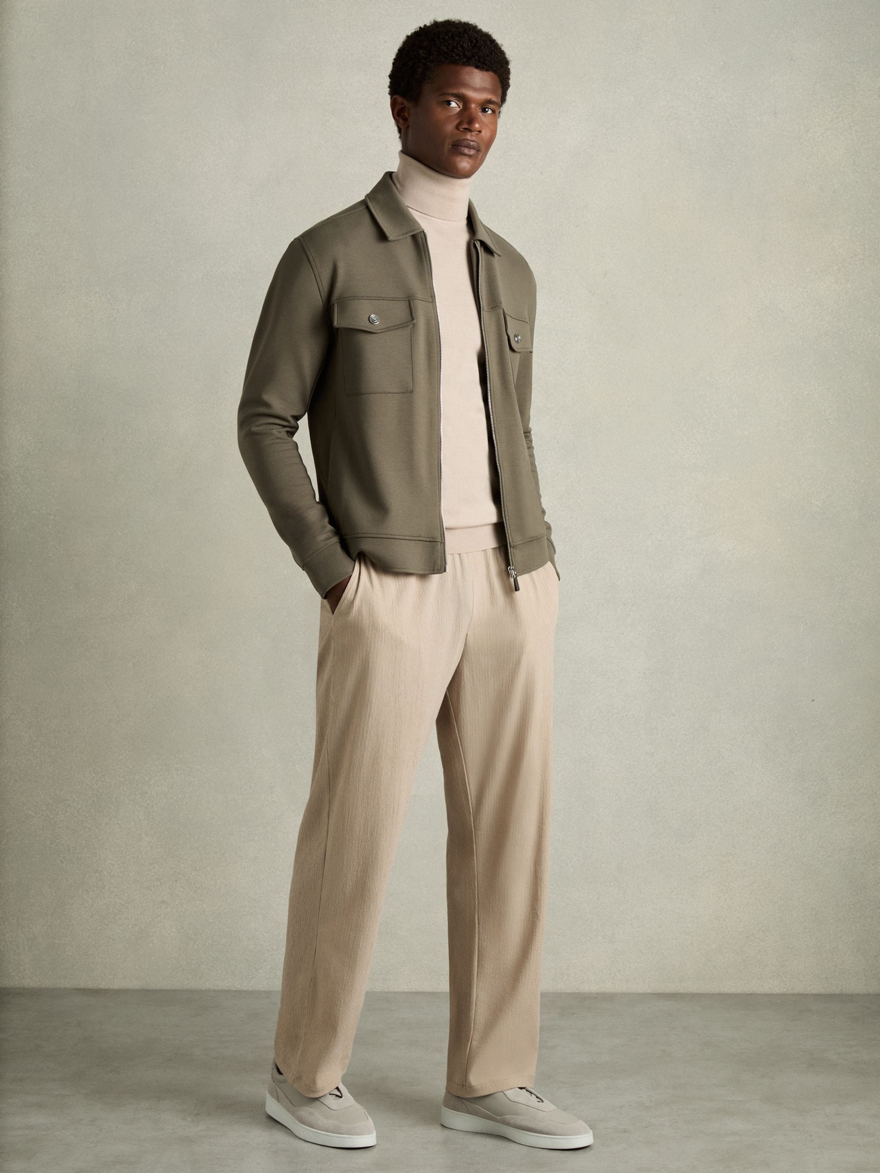Buy Reiss Sage Green Medina Interlock Jersey Zip-Through Overshirt
