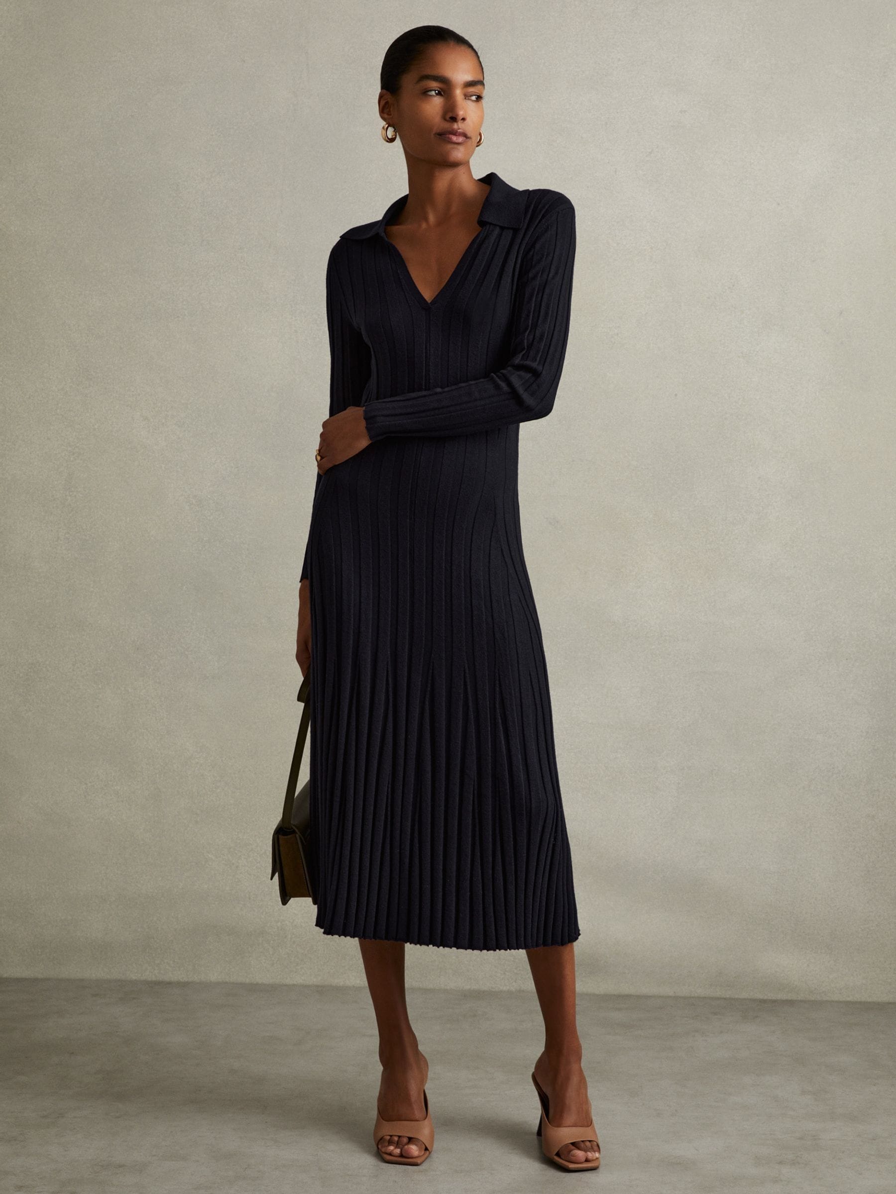 Buy Reiss Navy Winnie Petite Knitted Open Collar Midi Dress from Next USA