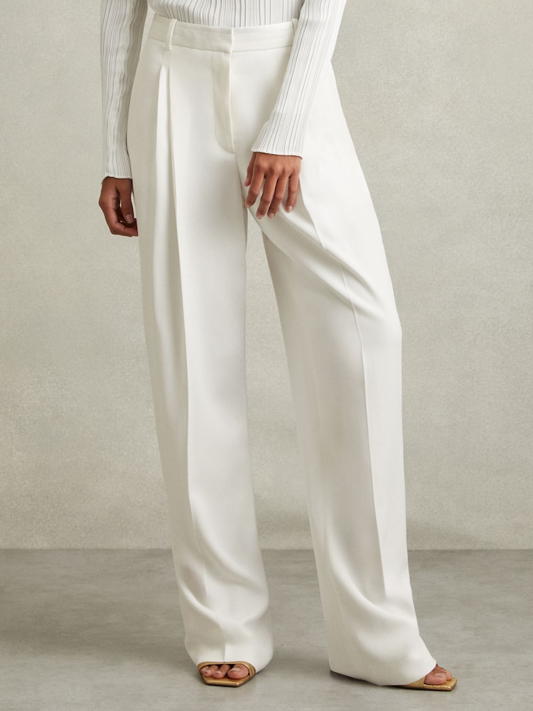 Reiss Cream Lydia Petite Double Pleat Wide Leg Tux Trousers - Image 1 of 7