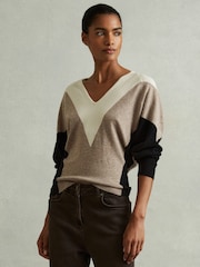 Reiss Neutral/Black Esme Wool Blend Colourblock V-Neck Jumper - Image 1 of 5