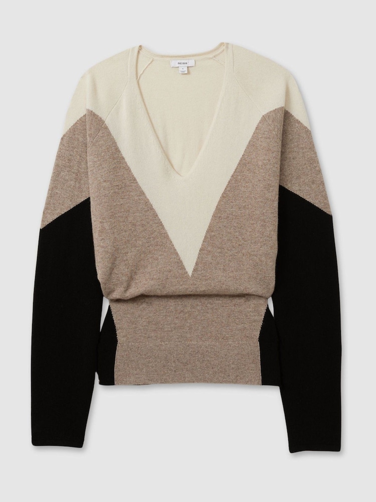 Reiss Neutral/Black Esme Wool Blend Colourblock V-Neck Jumper - Image 2 of 5