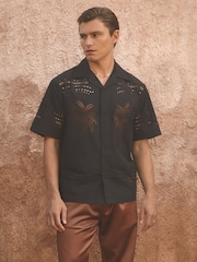 Reiss Black Isola Reiss | Ché Poplin Laser Cut-Out Cuban Collar Shirt - Image 1 of 5