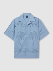 Reiss Soft Blue Isola Reiss | Ché Poplin Laser Cut-Out Cuban Collar Shirt - Image 1 of 6