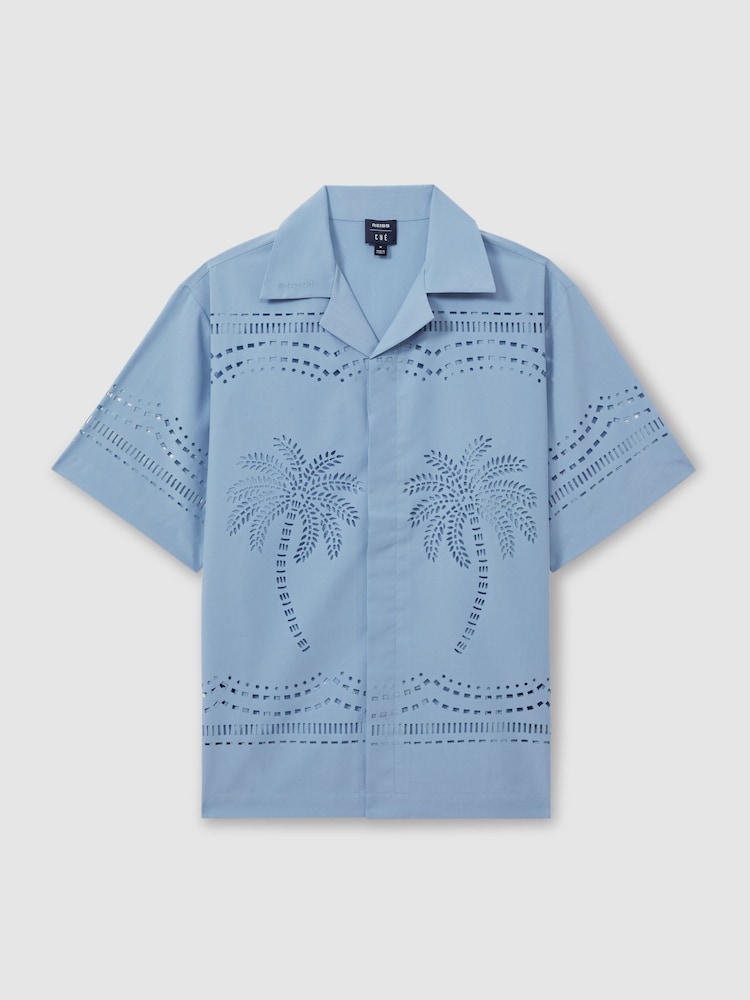 Reiss Soft Blue Isola Reiss | Ché Poplin Laser Cut-Out Cuban Collar Shirt - Image 1 of 6