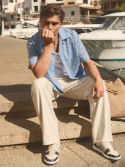 Reiss Soft Blue Isola Reiss | Ché Poplin Laser Cut-Out Cuban Collar Shirt - Image 2 of 6