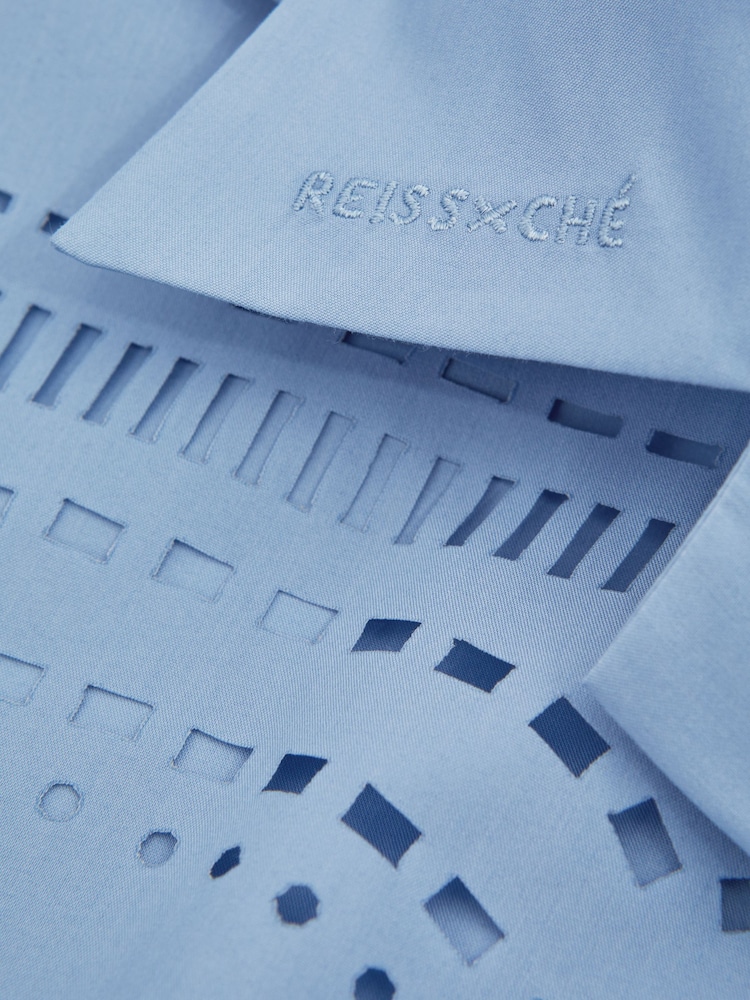 Reiss Soft Blue Isola Reiss | Ché Poplin Laser Cut-Out Cuban Collar Shirt - Image 6 of 6