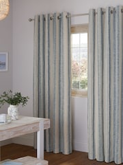 Blue/White Linen Look Stripe Eyelet Lined Curtains - Image 2 of 5