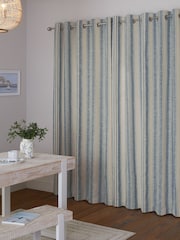 Blue/White Linen Look Stripe Eyelet Lined Curtains - Image 3 of 5