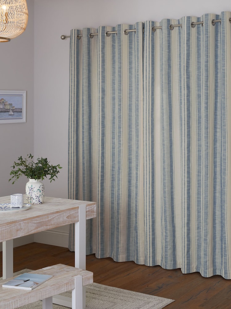 Blue/White Linen Look Stripe Eyelet Lined Curtains - Image 3 of 5