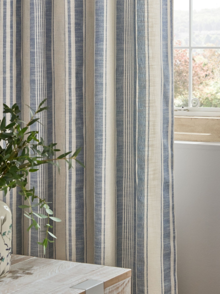 Blue/White Linen Look Stripe Eyelet Lined Curtains - Image 4 of 5