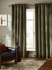 Olive Green Collection Luxe Heavyweight Cut Velvet Eyelet Lined Curtains - Image 2 of 4