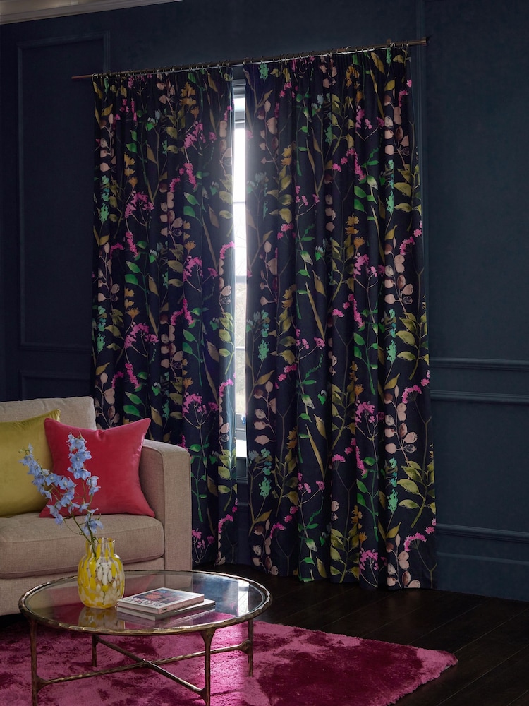 Navy Blue/Pink Isla Floral Print Pencil Pleat Blackout/Thermal 100% Cotton Curtains - Image 3 of 7