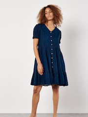 Apricot Blue Textured Dotty Dots Button Thru Dress - Image 1 of 5