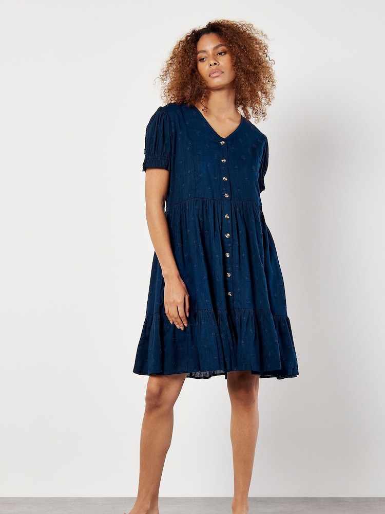 Apricot Blue Textured Dotty Dots Button Thru Dress - Image 1 of 5