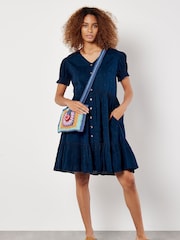 Apricot Blue Textured Dotty Dots Button Thru Dress - Image 3 of 5