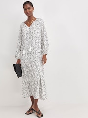 JD Williams White Printed Volume Tiered Smock Dress - Image 1 of 4