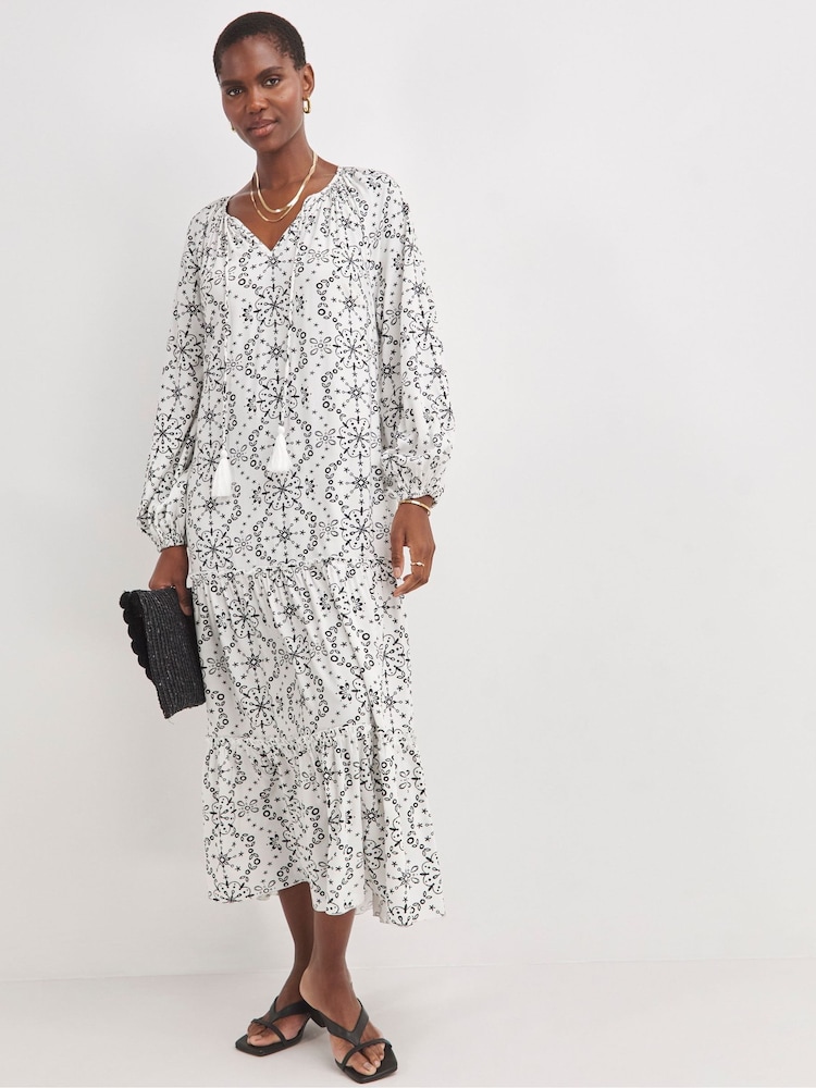 JD Williams White Printed Volume Tiered Smock Dress - Image 1 of 4