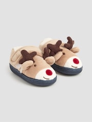JoJo Maman Bébé Mocha Reindeer Christmas Reindeer Slipper Shoes - Image 1 of 4