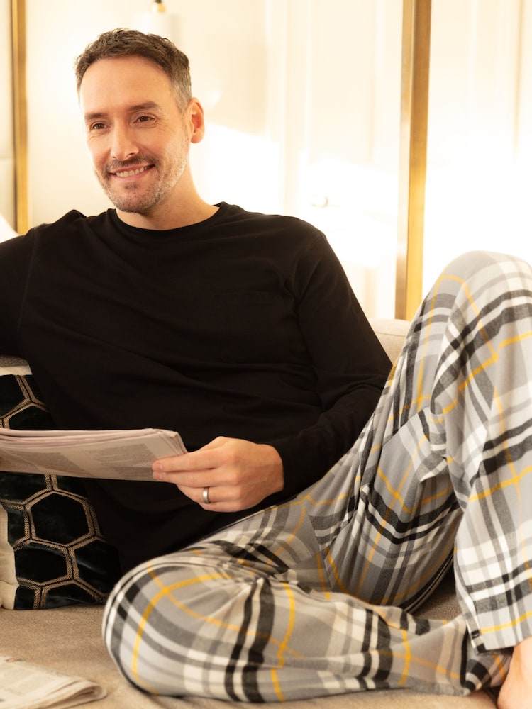 Cyberjammies Grey Mens Check Pyjamas Bottoms and Solid Jersey T-Shirt - Image 1 of 3