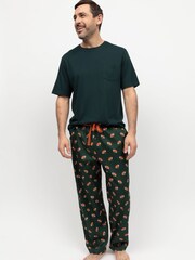 Cyberjammies Green Mens Printed Pyjamas Bottoms and Solid Jersey T-Shirt - Image 1 of 3