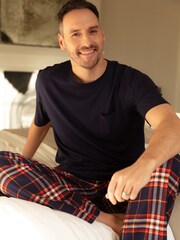 Cyberjammies Blue Mens Check Pyjamas Bottoms and Solid Jersey T-Shirt - Image 1 of 3