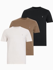AllSaints Taupe/Brown/Black Brace Shortsleeve Crew T-Shirts 3 Pack - Image 1 of 7