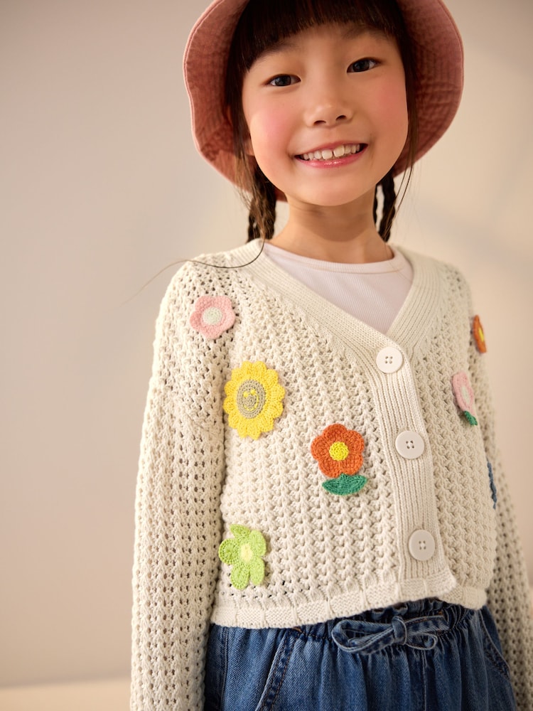 Ecru Crochet Flower Print 100% Cotton Cardigan (3-16yrs) - Image 1 of 9