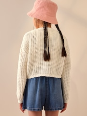 Ecru Crochet Flower Print 100% Cotton Cardigan (3-16yrs) - Image 3 of 9
