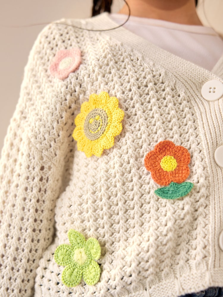 Ecru Crochet Flower Print 100% Cotton Cardigan (3-16yrs) - Image 5 of 9