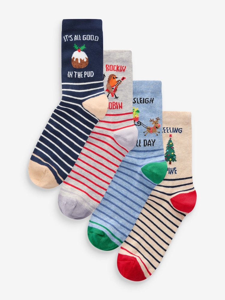 Slogan Christmas Pattern Ankle Socks 4 Pack - Image 1 of 5