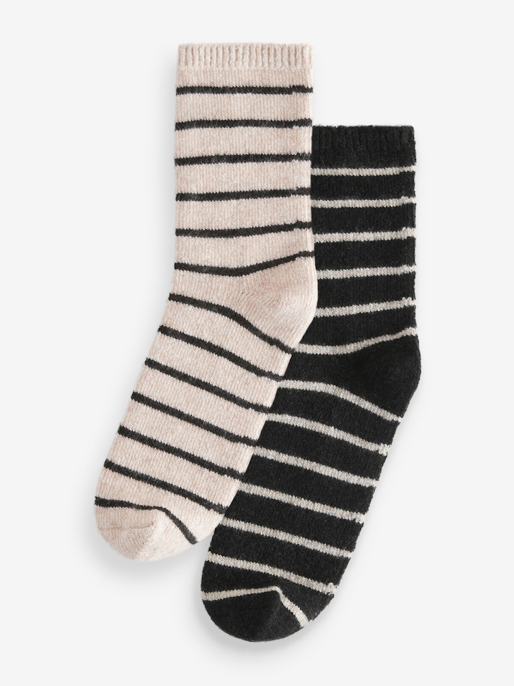 Black/Neutral Stripe Ankle Socks 2 Pack Containing Lambswool - Image 1 of 7